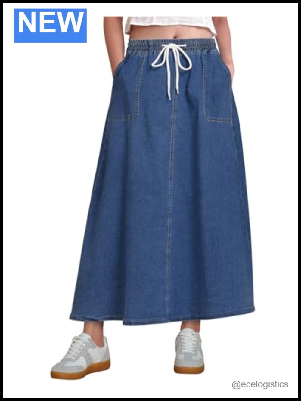 Women's A-Line Maxi Denim Skirt High Waist Elastic Waistband Drawstring with